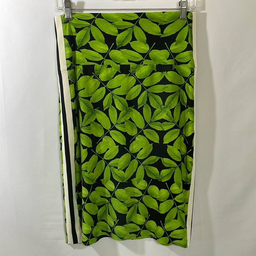 Norma Kamali Green Leaf Botanical Print Side Stripe Midi Pencil Skirt Size M